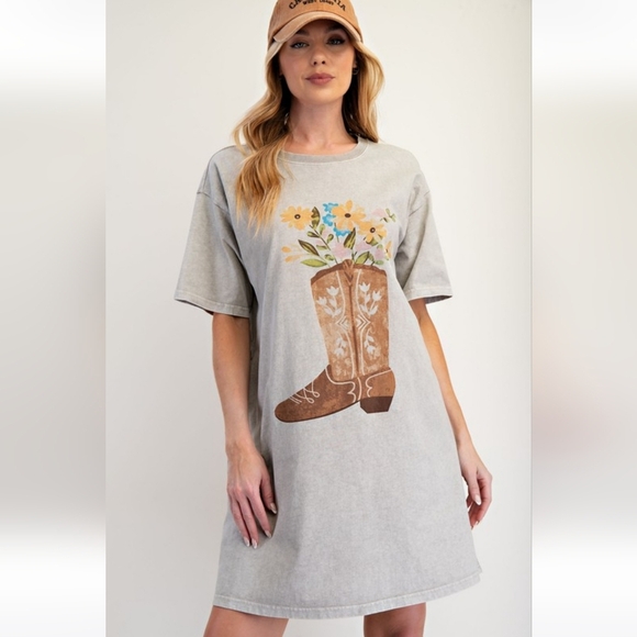 New Easel Western Boho Boots Floral Mineral Washed T-Shirt Dress Stone Ash - Picture 3 of 6